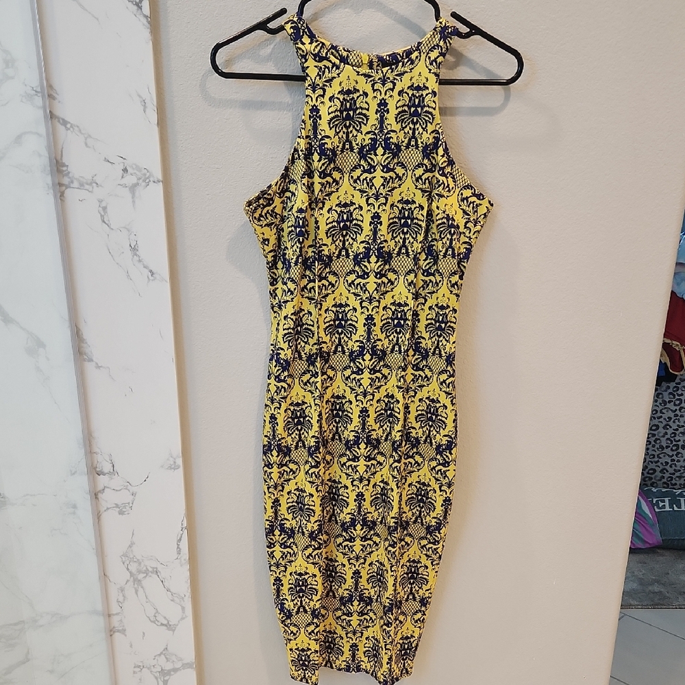 AX Paris Yellow and Black Damask Midi Dress